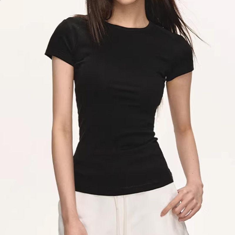 Navy blue round-neck regular-shoulder short-sleeve T-shirt for women summer 2026 style simple and versatile slim-fit flattering trendy top 240812