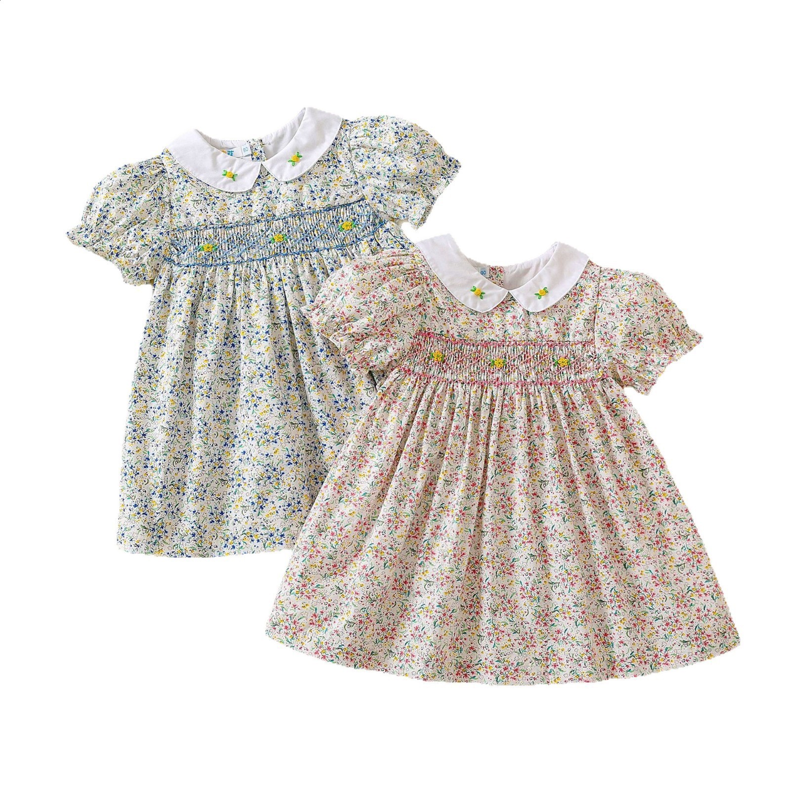New Summer Girls Short-Sleeve Doll Collar Printed Dress Stylish Short-Sleeve Blue Floral Dress210317