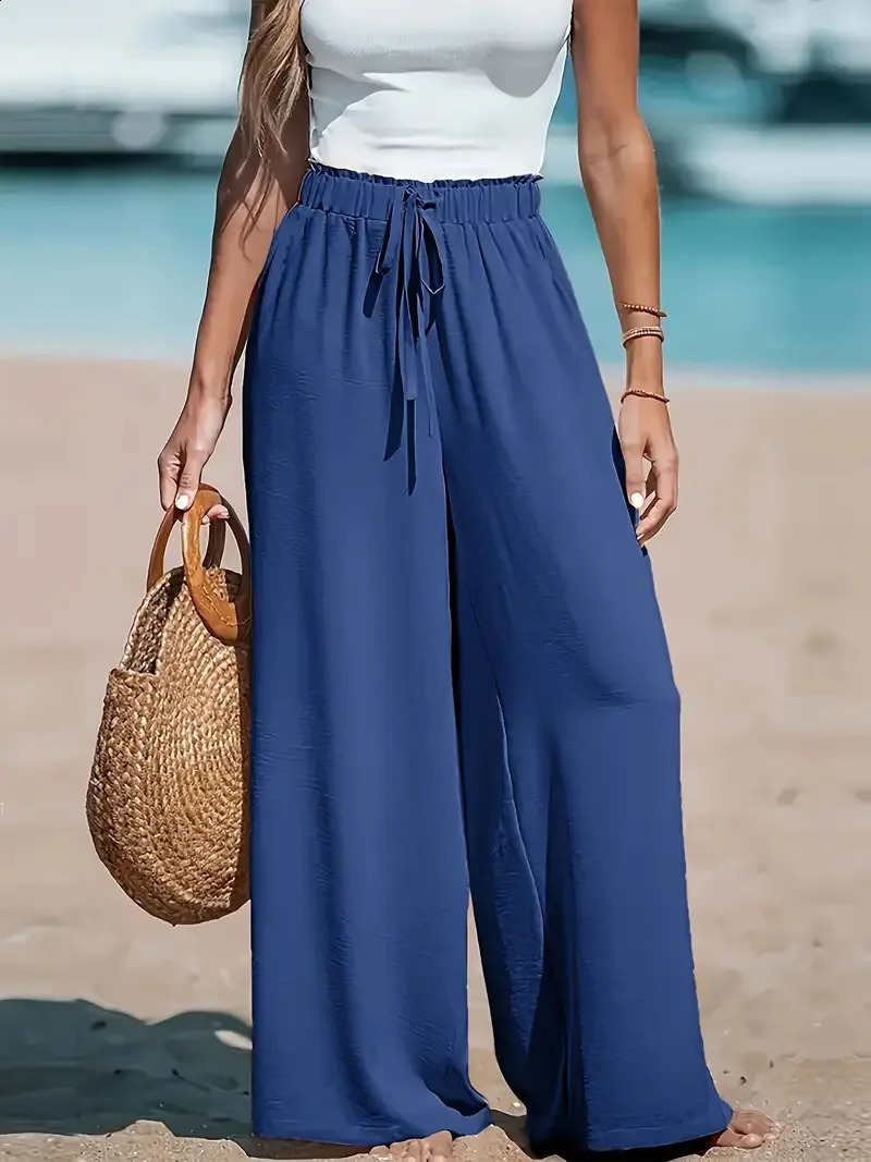 Vacation Style Cotton Linen Wide Leg Pants High Waist Elasto Drawstring n Loose Dipping Sense Straight Casual Beach y260611 - view 3