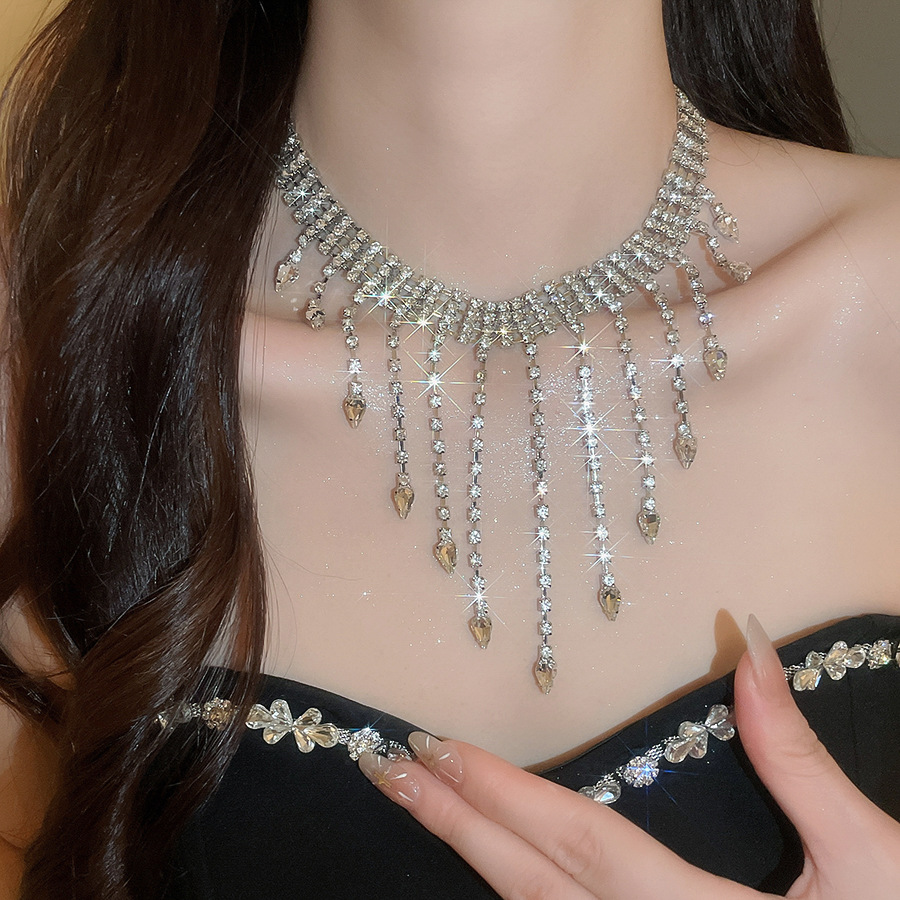 European American fashion shiny rhinestone tassel exaggerated and unique trendy necklace, stylish internet celebrity design accessory for women - view 4