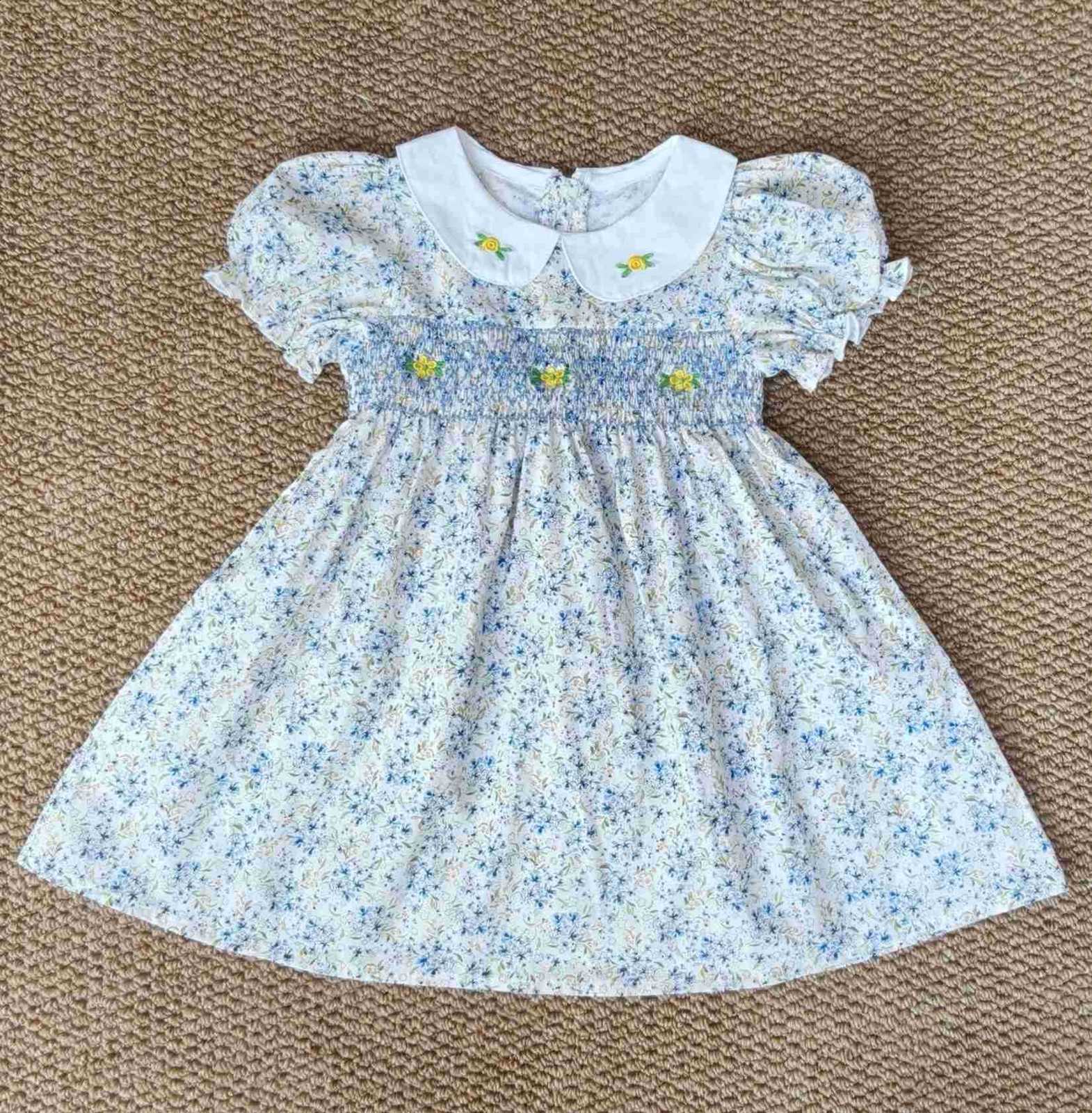 New Summer Girls Short-Sleeve Doll Collar Printed Dress Stylish Short-Sleeve Blue Floral Dress210317