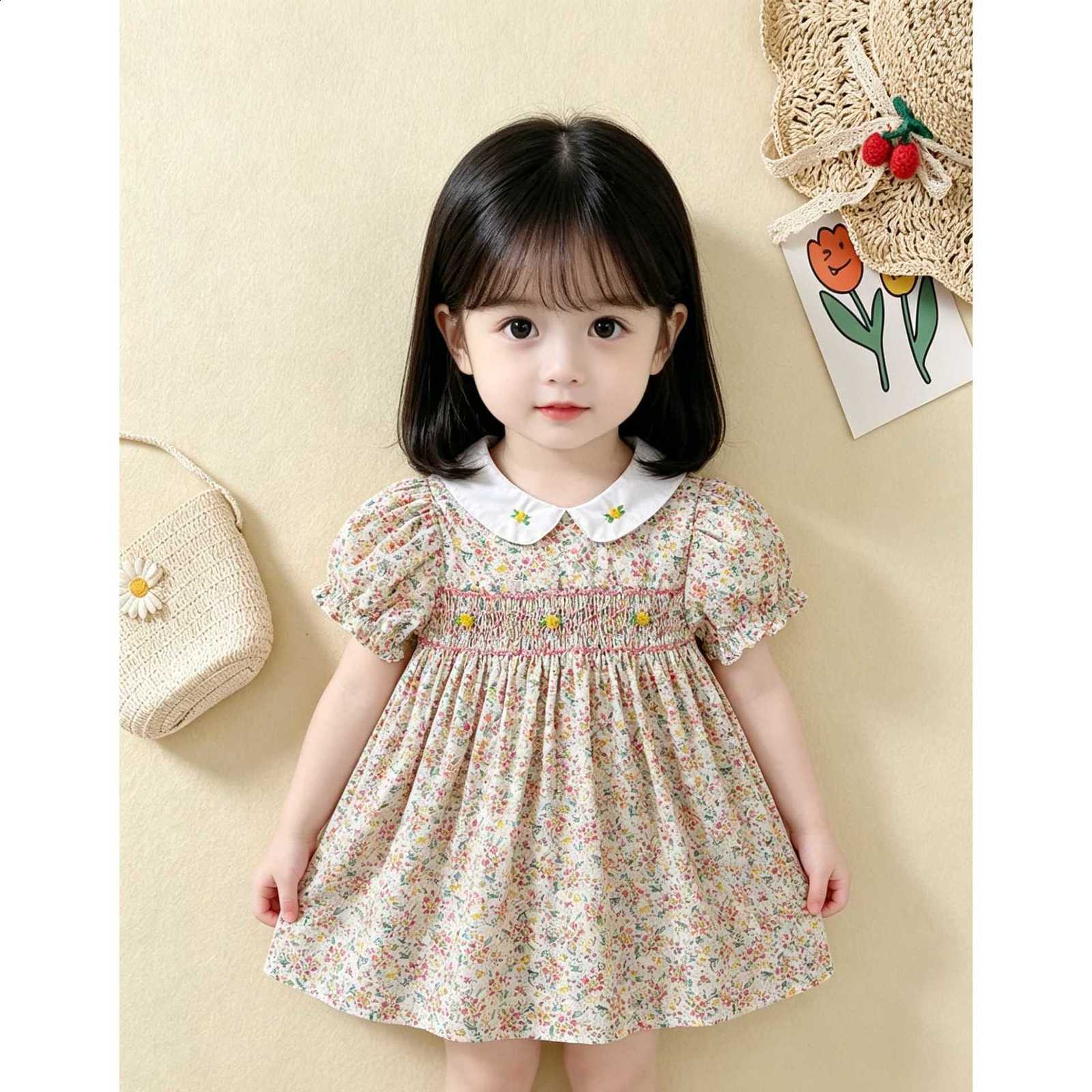 New Summer Girls Short-Sleeve Doll Collar Printed Dress Stylish Short-Sleeve Blue Floral Dress210317