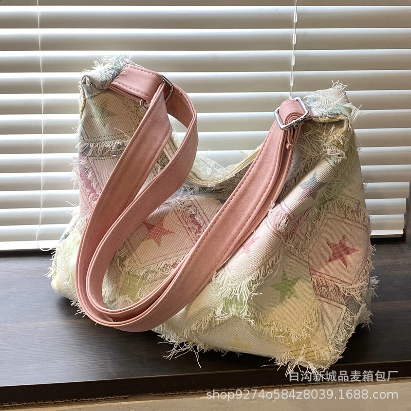 Checkered Womens Bag Jeans Eco Bag Korean Shopping Denim Shoulder Cross Bag Large Messenger Bag Y2K PU Belt Satchel 240820