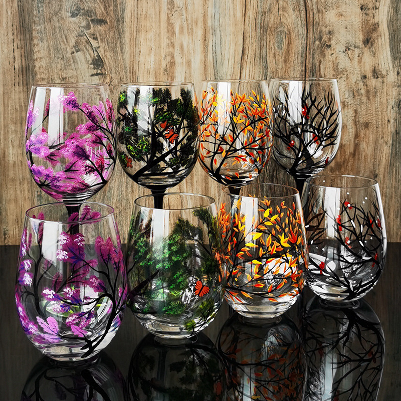 Update Four Seasons Trees Glasses Creative Printed High Legged For Wine Beer Cocktail Large Capacity Glass Cup Set 240729