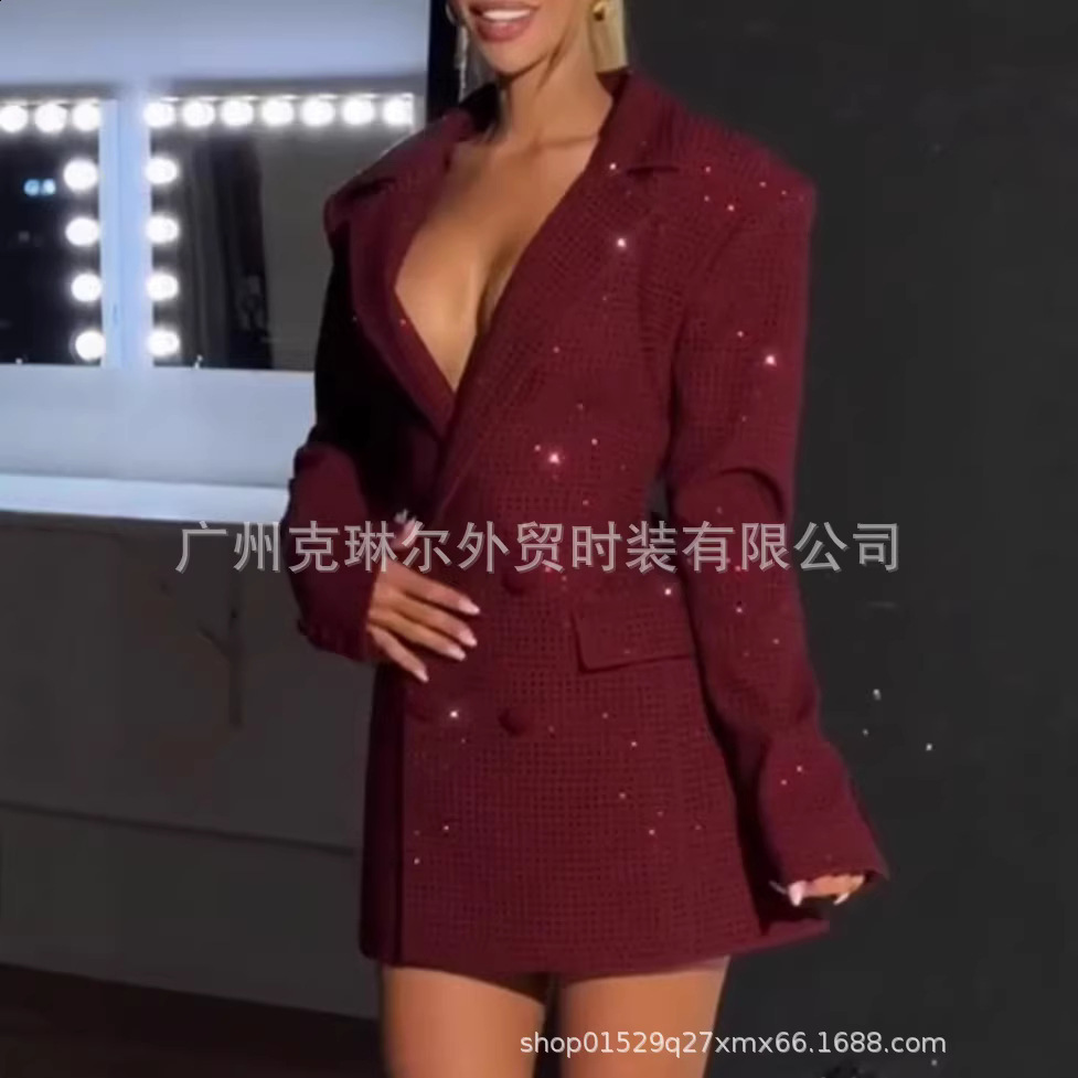 2026 Autumn Spring Sequins Lapel Blazer Jacket For Women Long Sleeve Double Breasted Suit Coats Female Street Chic Outerwear 251211