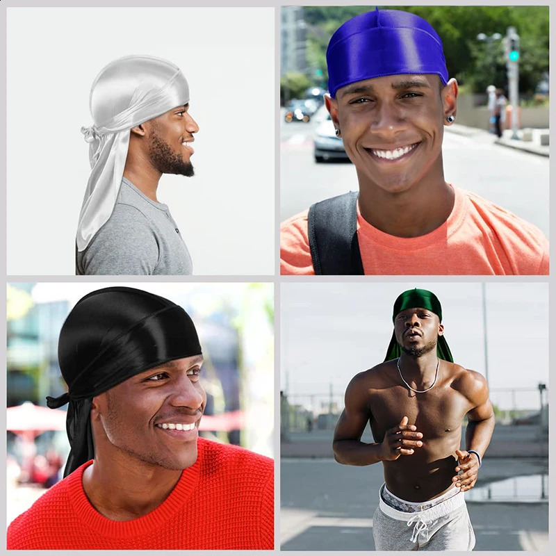 3PCSLOT Men Silky Durag Long Tail Pirate Hat Headband Turban Dome Wave Cap Unisex Wig Elastic Band Satin Bonnet 260616 - view 4