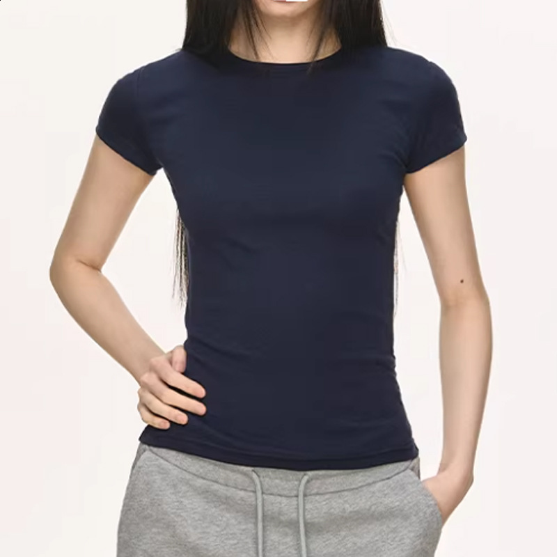 Navy blue round-neck regular-shoulder short-sleeve T-shirt for women summer 2026 style simple and versatile slim-fit flattering trendy top 240812