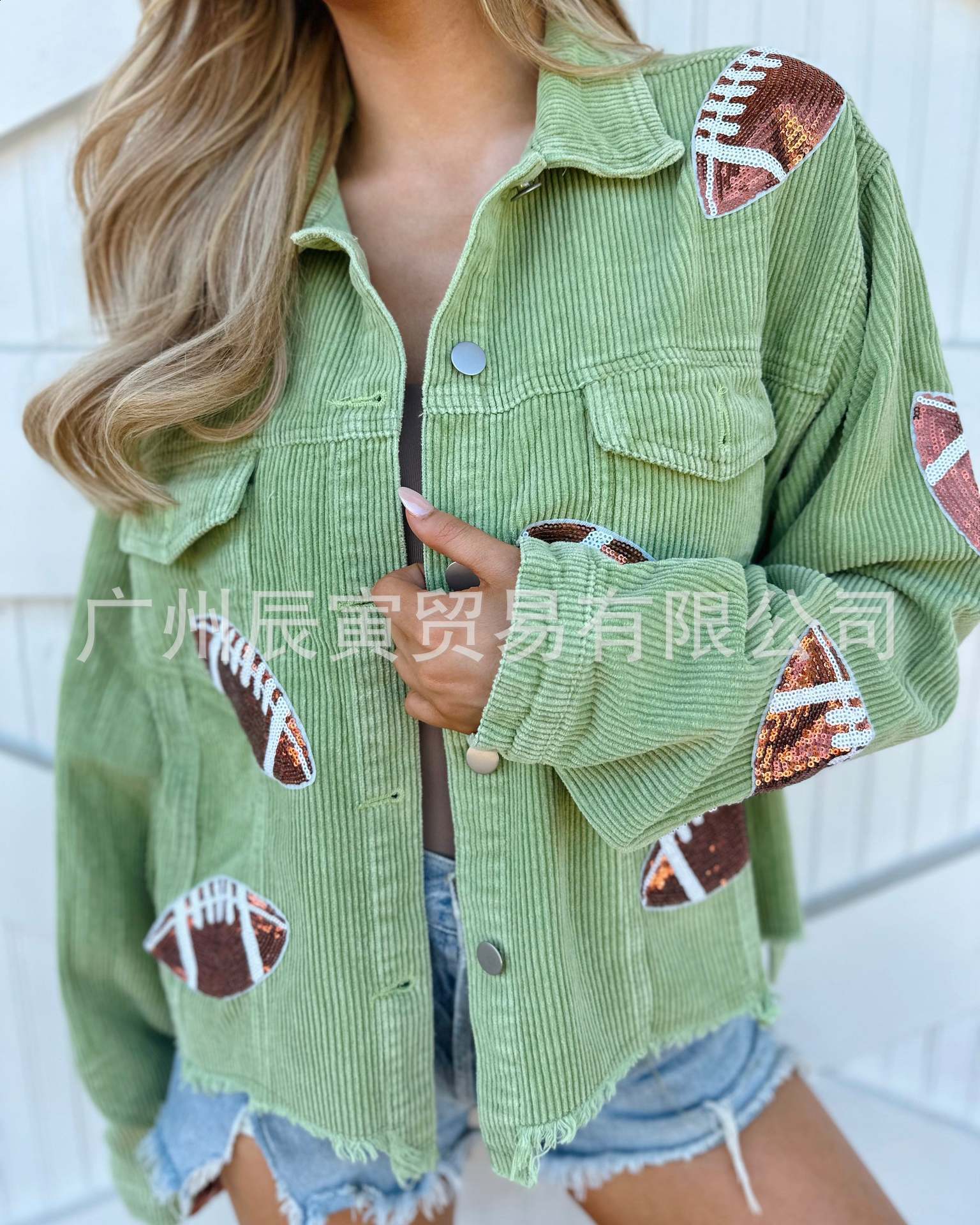 Distressed Corduroy Jacket Womens Baseball Sequin Lapel Long Sleeve Autumn And Winter Jacket Tops For Outerwear 240723