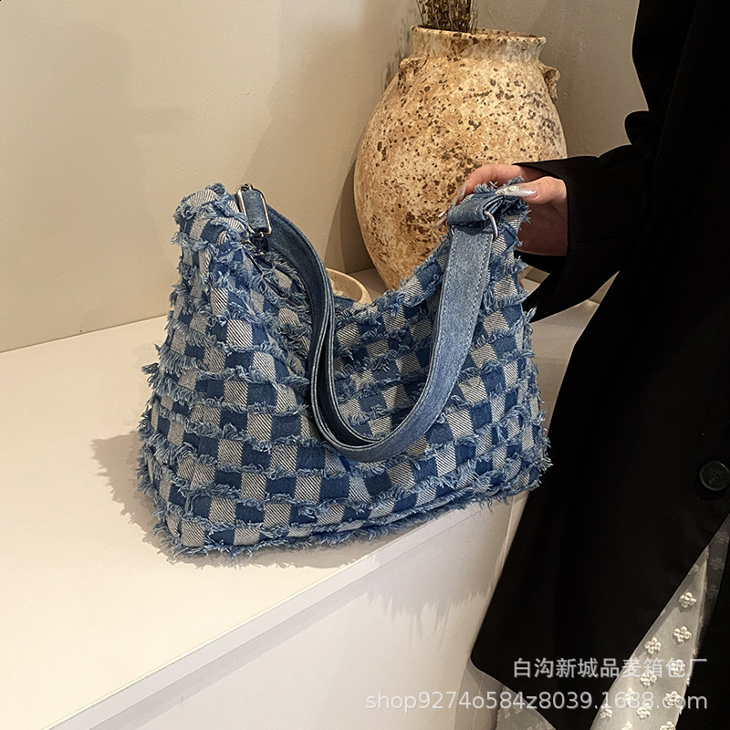 Checkered Womens Bag Jeans Eco Bag Korean Shopping Denim Shoulder Cross Bag Large Messenger Bag Y2K PU Belt Satchel 240820
