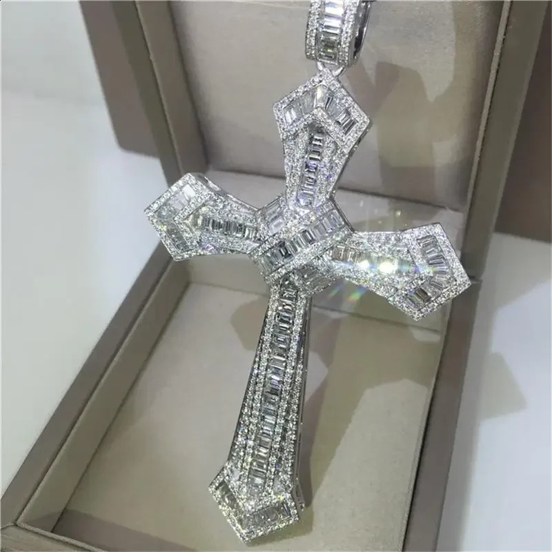 Vintage Long Lab Diamond Cross Pendant 925 Sterling Silver Party Wedding Pendants Necklace For Women men Jewelry Gift 250106