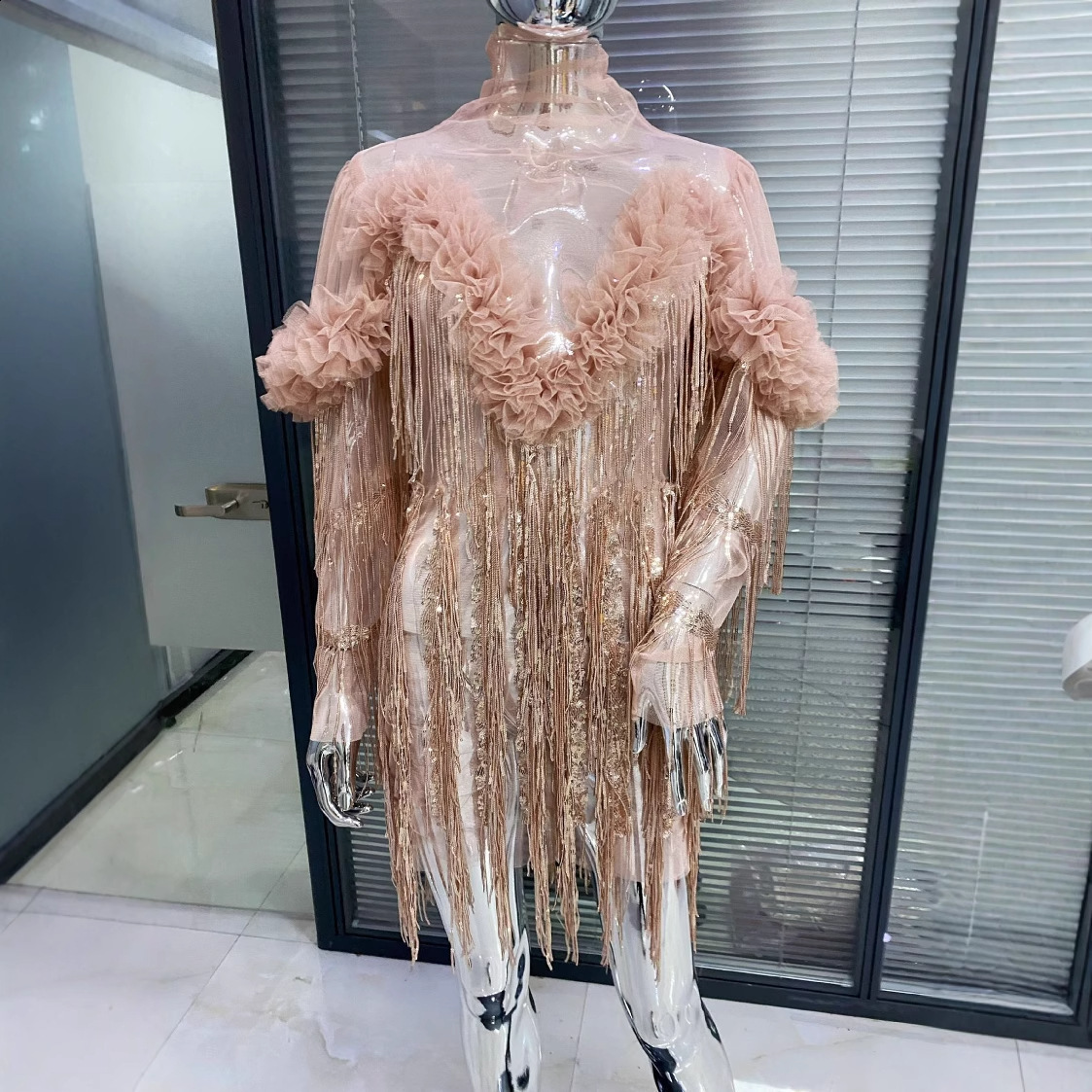 CM.YAYA Women Full Sleeve Sequined Tassel Ruffles Mini Dress Mesh See Through Sexy Evening Night Club Party Dresses Vestidos 240930