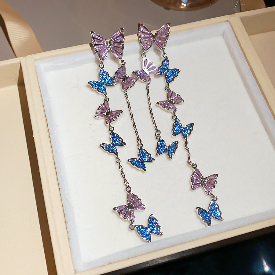 Silver needle zircon butterfly tassel pendant fresh and sweet earrings, unique design niche earrings for women - view 7