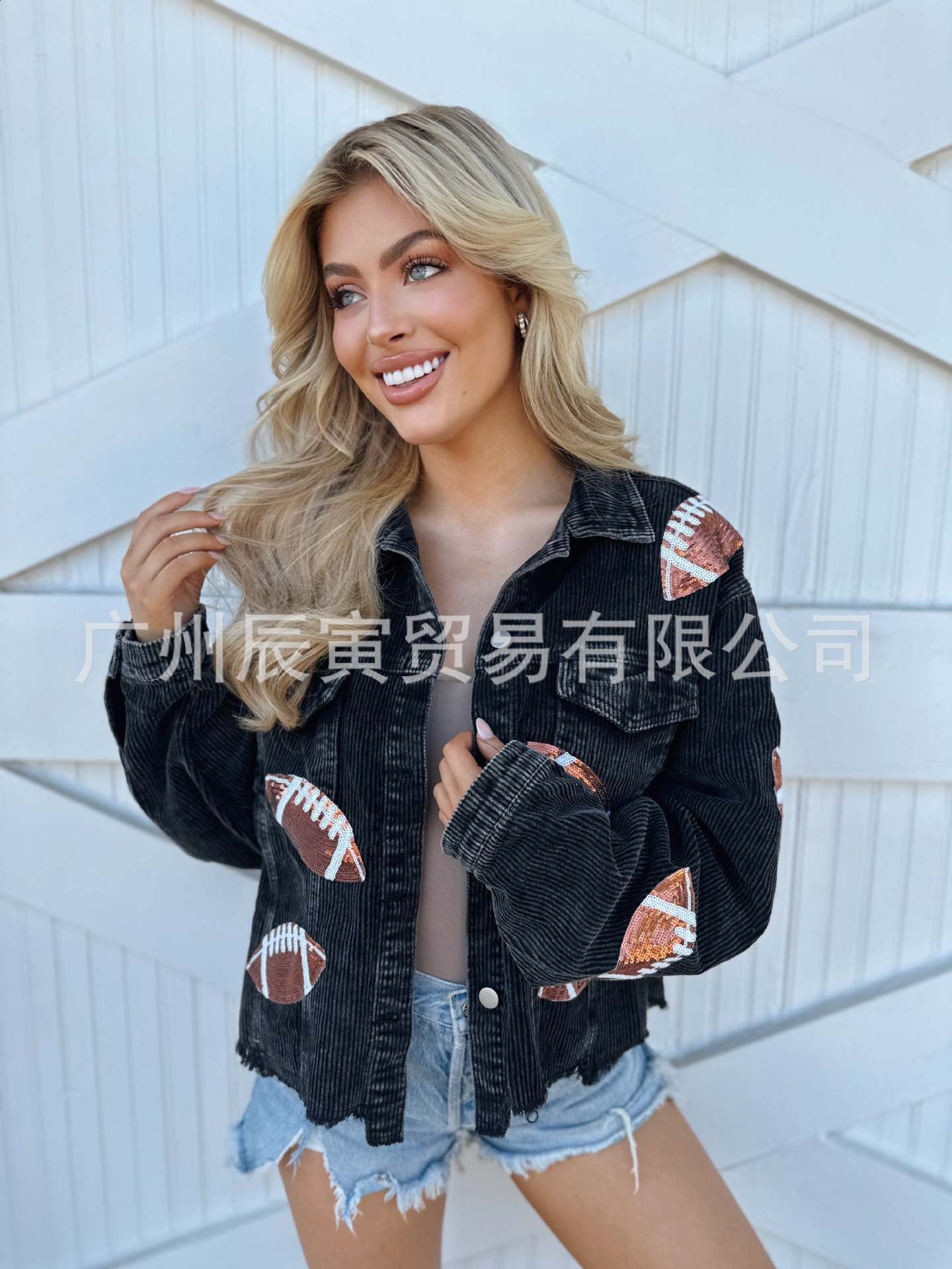 Distressed Corduroy Jacket Womens Baseball Sequin Lapel Long Sleeve Autumn And Winter Jacket Tops For Outerwear 240723