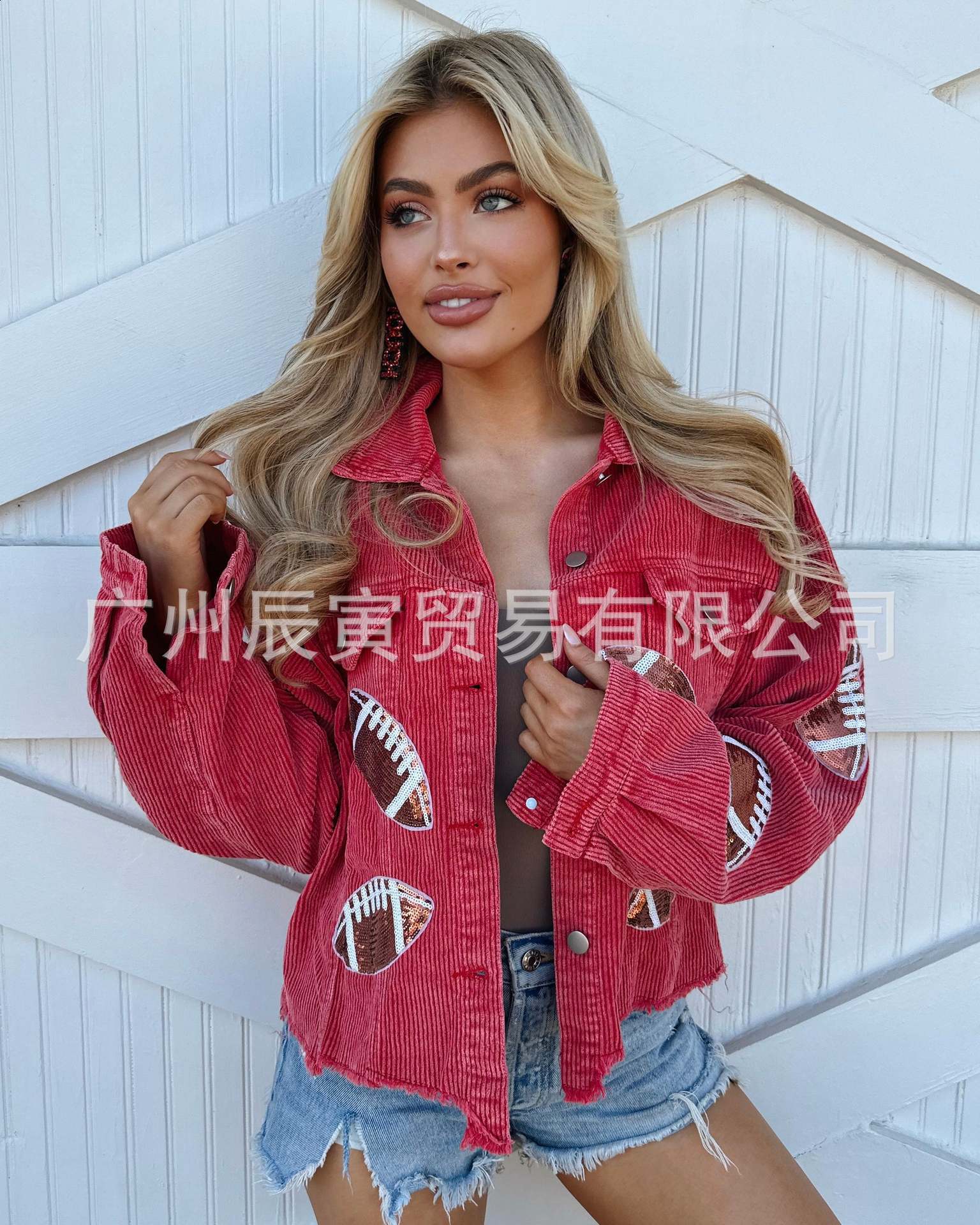 Distressed Corduroy Jacket Womens Baseball Sequin Lapel Long Sleeve Autumn And Winter Jacket Tops For Outerwear 240723