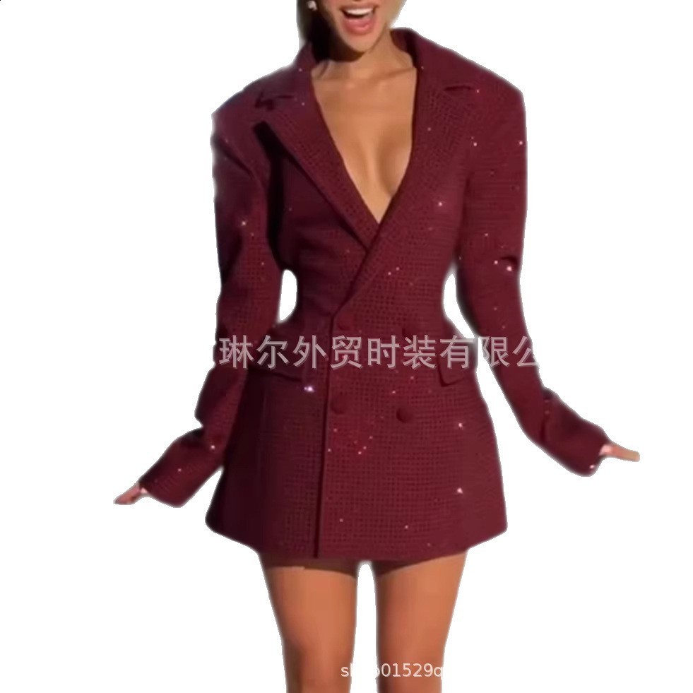 2026 Autumn Spring Sequins Lapel Blazer Jacket For Women Long Sleeve Double Breasted Suit Coats Female Street Chic Outerwear 251211