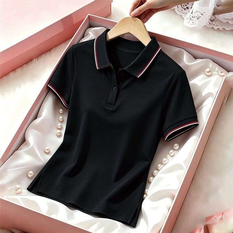 Women's Short Sleeve T-Shirt, Black 100% Cotton Loose-Fit Batwing Bell-Sleeve Top with Crew Neck, Red and White Piping, Applique Detail, Anti-Shrink C