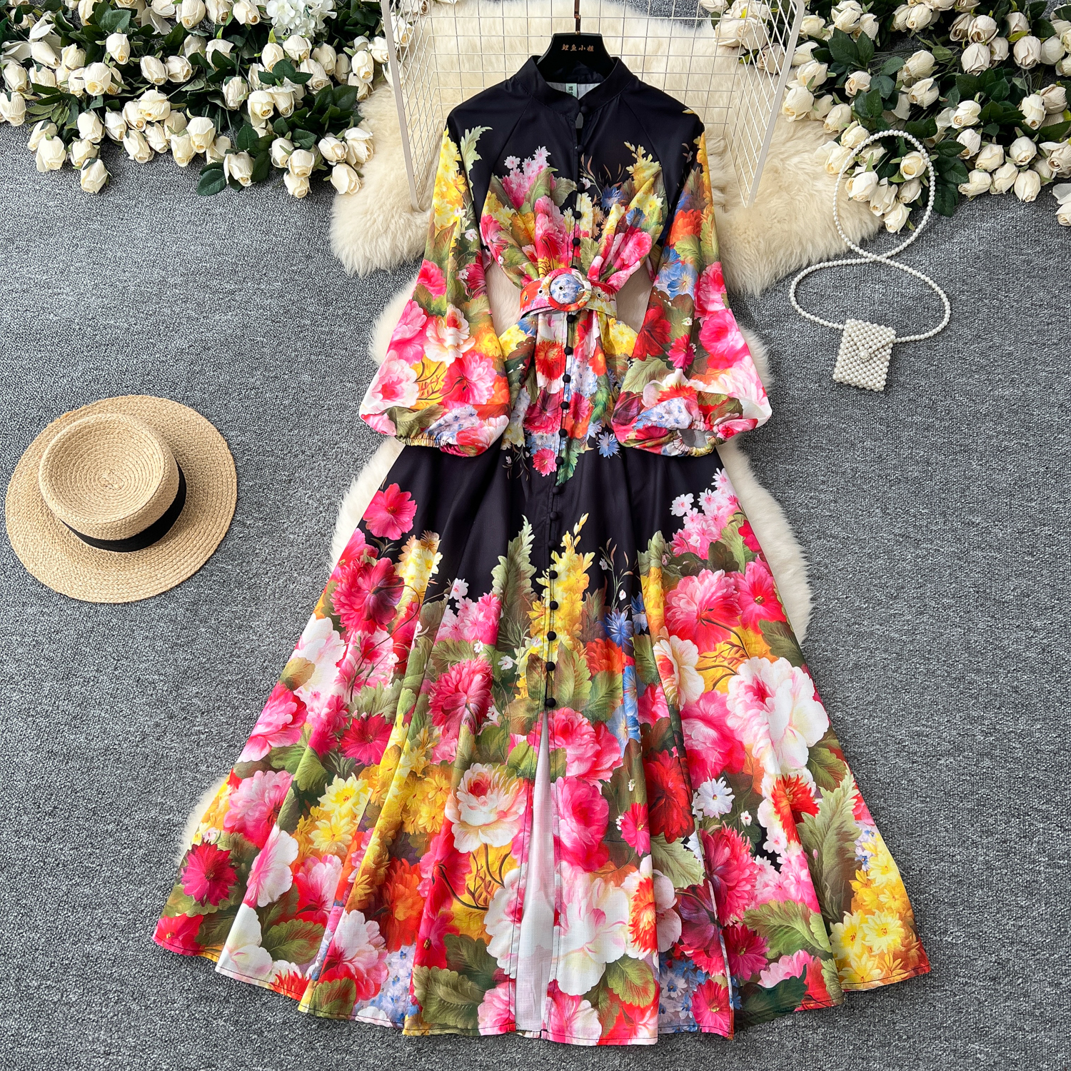 Summer Holiday Runway Mini Dress Women V-Neck Long Lantern Sleeve Flower Print Single Breasted Linen Slim Beach Vestidos 6233 240810