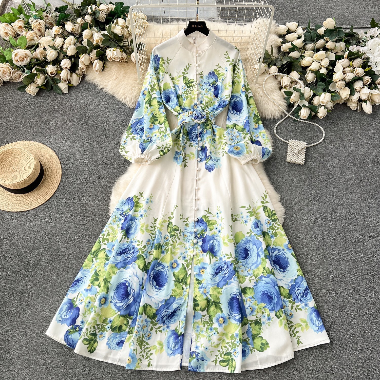 Summer Holiday Runway Mini Dress Women V-Neck Long Lantern Sleeve Flower Print Single Breasted Linen Slim Beach Vestidos 6233 240810