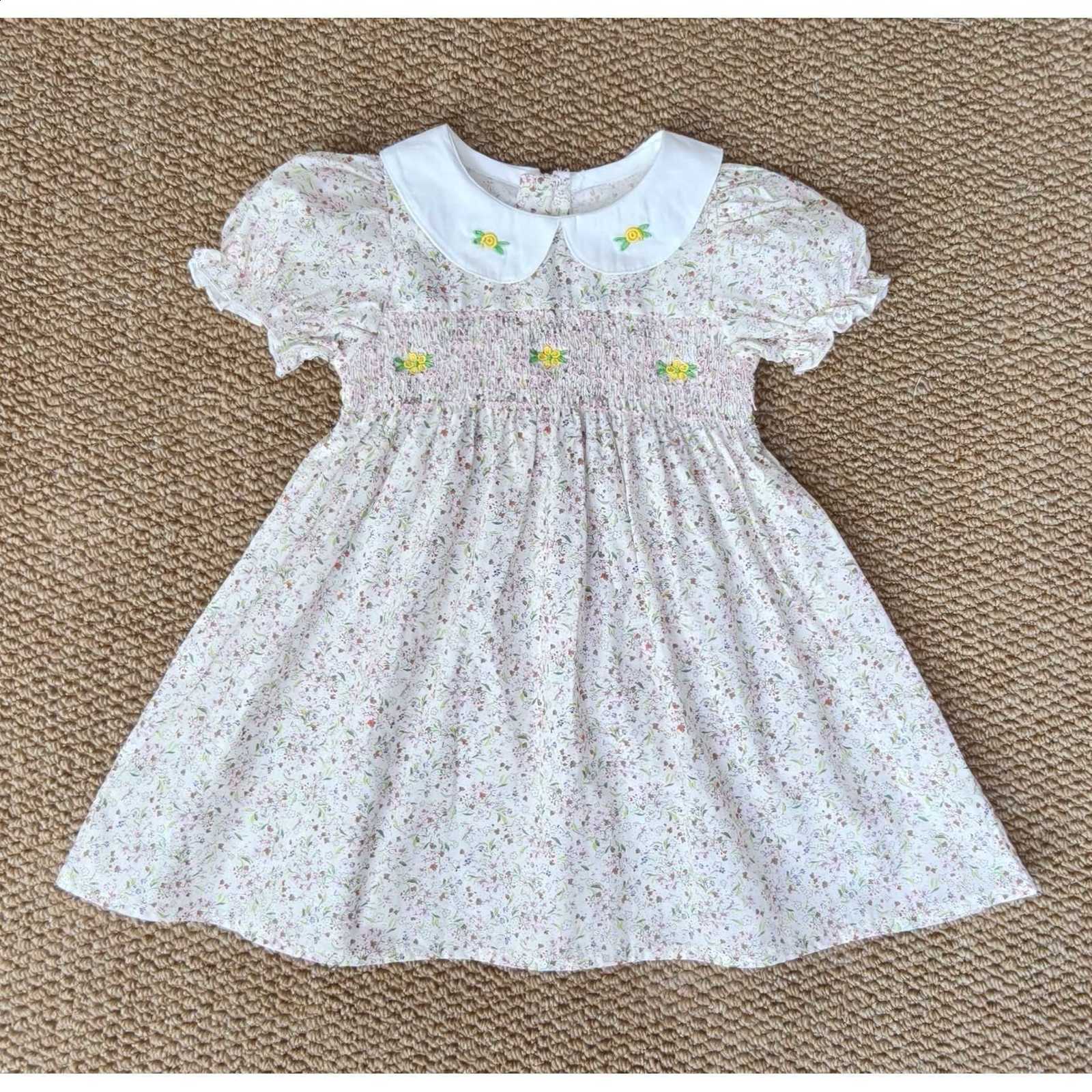 New Summer Girls Short-Sleeve Doll Collar Printed Dress Stylish Short-Sleeve Blue Floral Dress210317