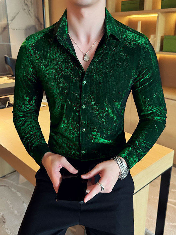retro velvet mens autumn long sleeved slim casual shirt fashionable jacquard business social mens clothing 241028