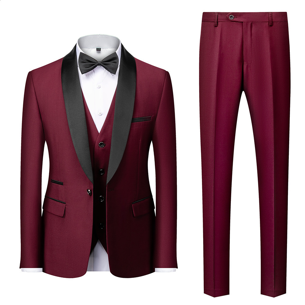 Mens Suit Set Three-Piece Green Fruit Collar Groom Wedding Suit Slim Fit Burgundy Best Man Suit Wedding Formal Wear 240514wtt