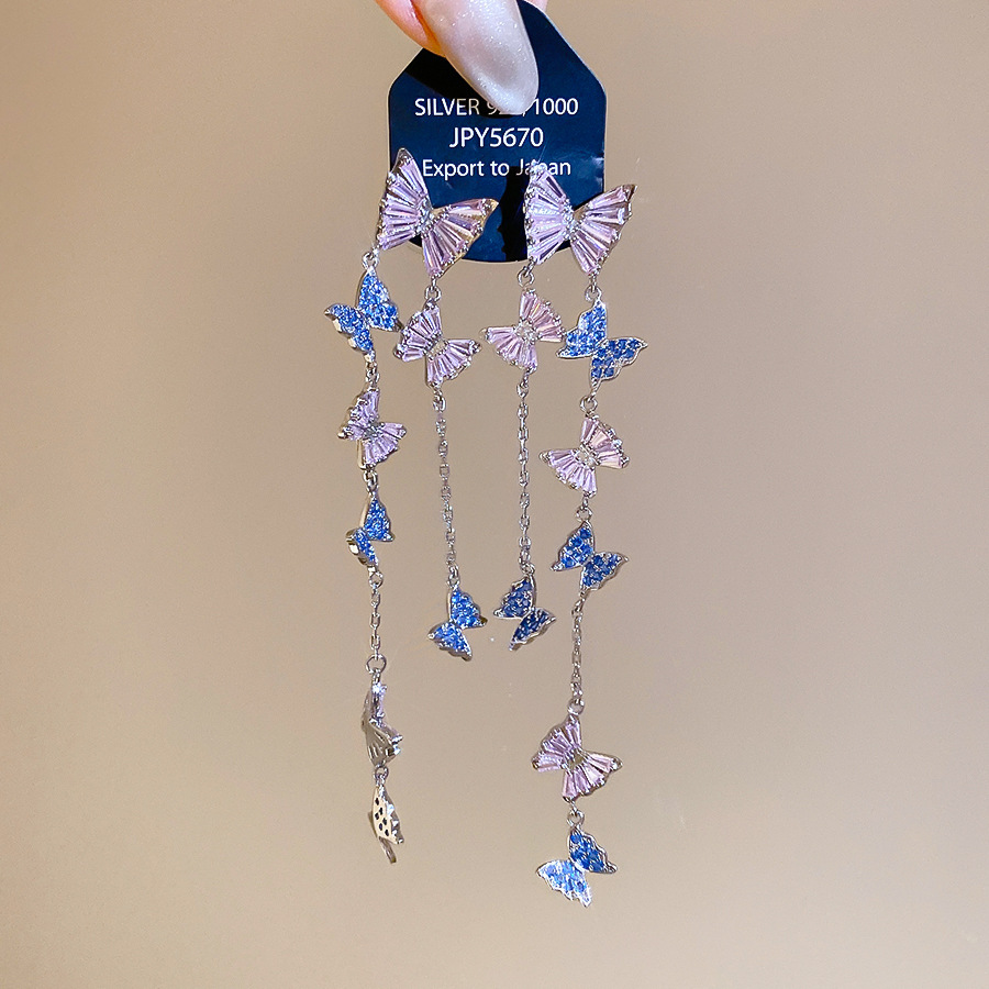 Silver needle zircon butterfly tassel pendant fresh and sweet earrings, unique design niche earrings for women - view 4