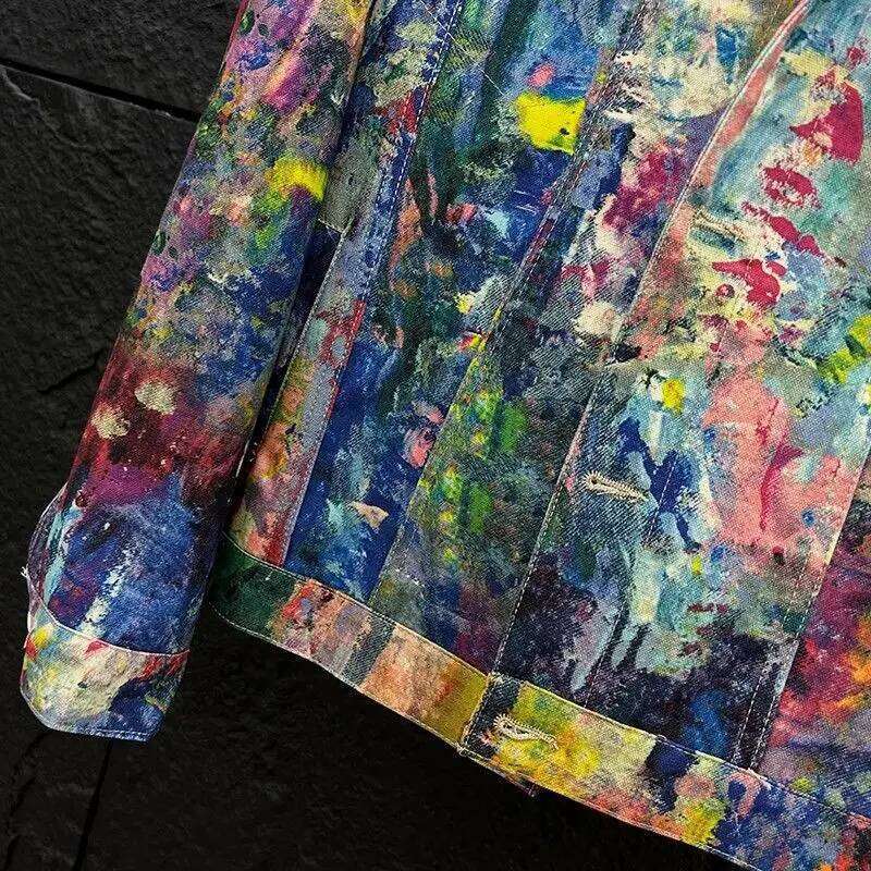 Design Jacket Coat Men's Painted Graffiti Oil Painting Denim Jacket Spring Autumn Street Retro Cardigan Boys Long Sleeved Male Single-Breasted Co - view 4