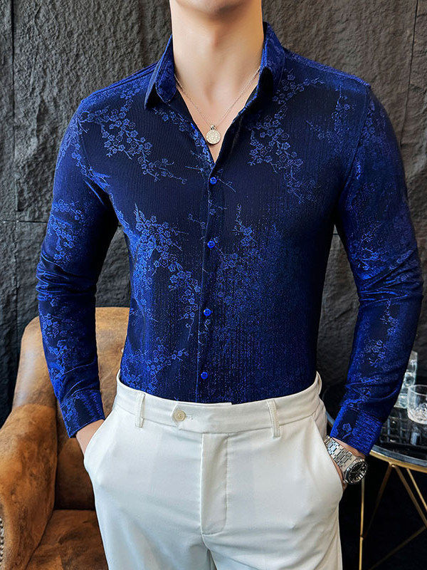retro velvet mens autumn long sleeved slim casual shirt fashionable jacquard business social mens clothing 241028
