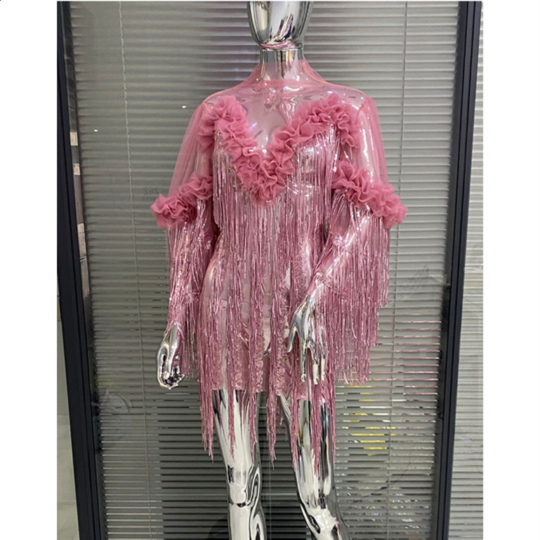 CM.YAYA Women Full Sleeve Sequined Tassel Ruffles Mini Dress Mesh See Through Sexy Evening Night Club Party Dresses Vestidos 240930