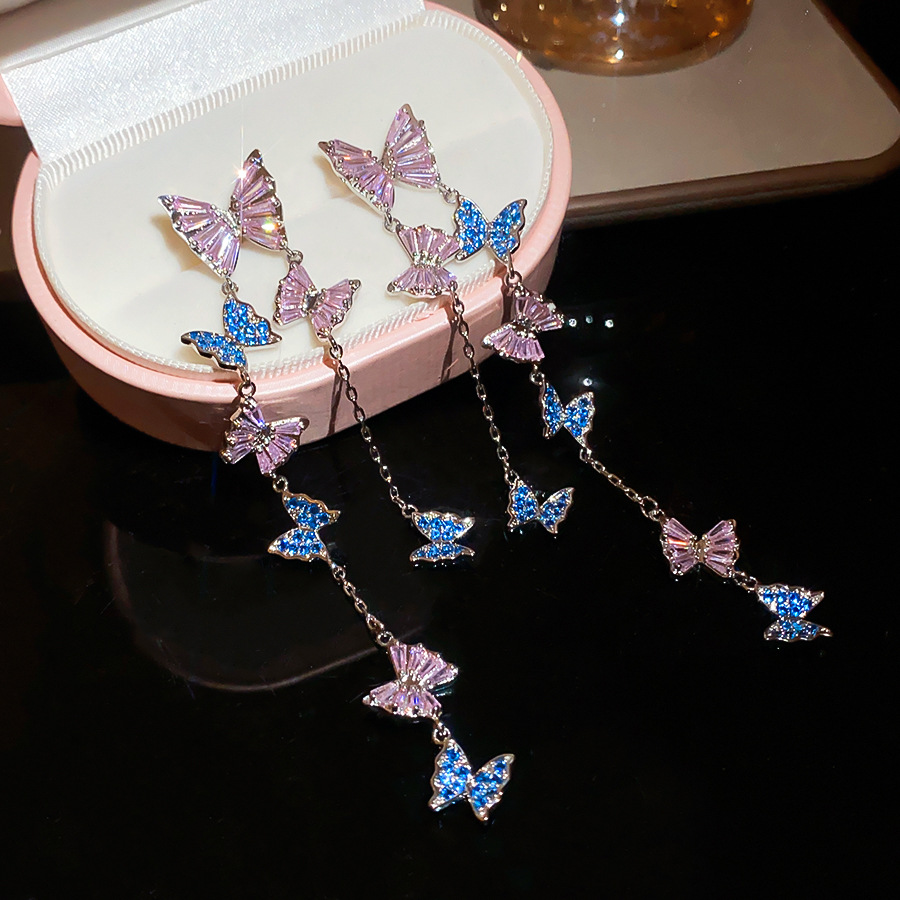Silver needle zircon butterfly tassel pendant fresh and sweet earrings, unique design niche earrings for women - view 8