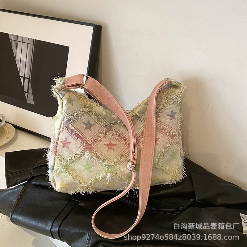 Checkered Womens Bag Jeans Eco Bag Korean Shopping Denim Shoulder Cross Bag Large Messenger Bag Y2K PU Belt Satchel 240820
