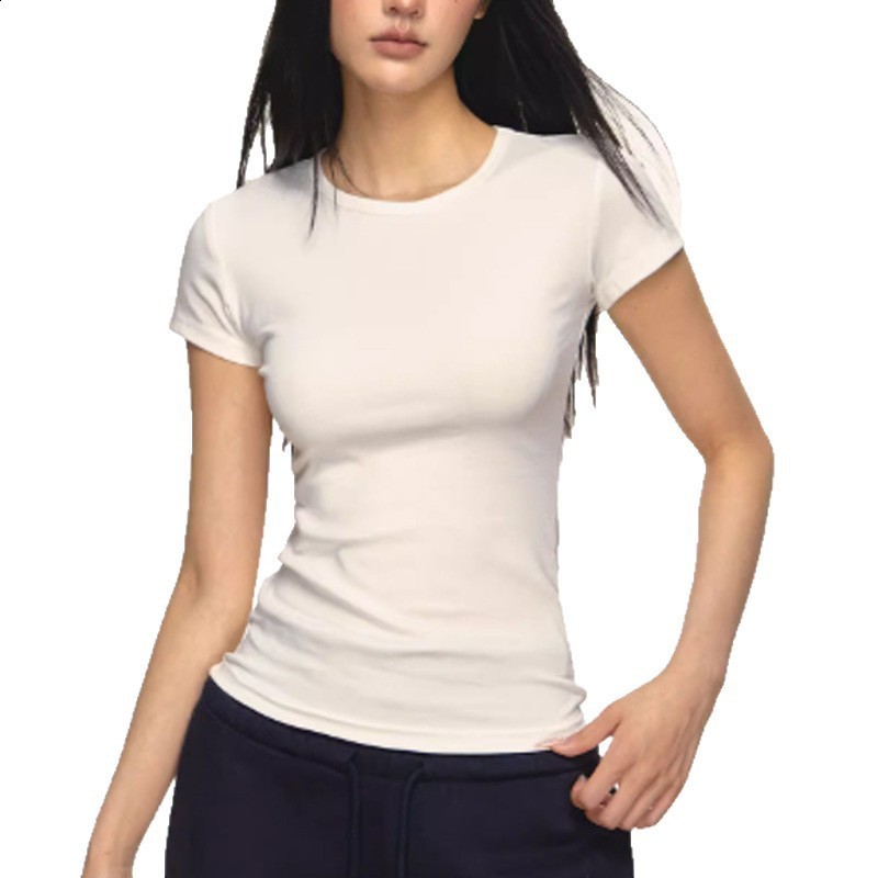 Navy blue round-neck regular-shoulder short-sleeve T-shirt for women summer 2026 style simple and versatile slim-fit flattering trendy top 240812