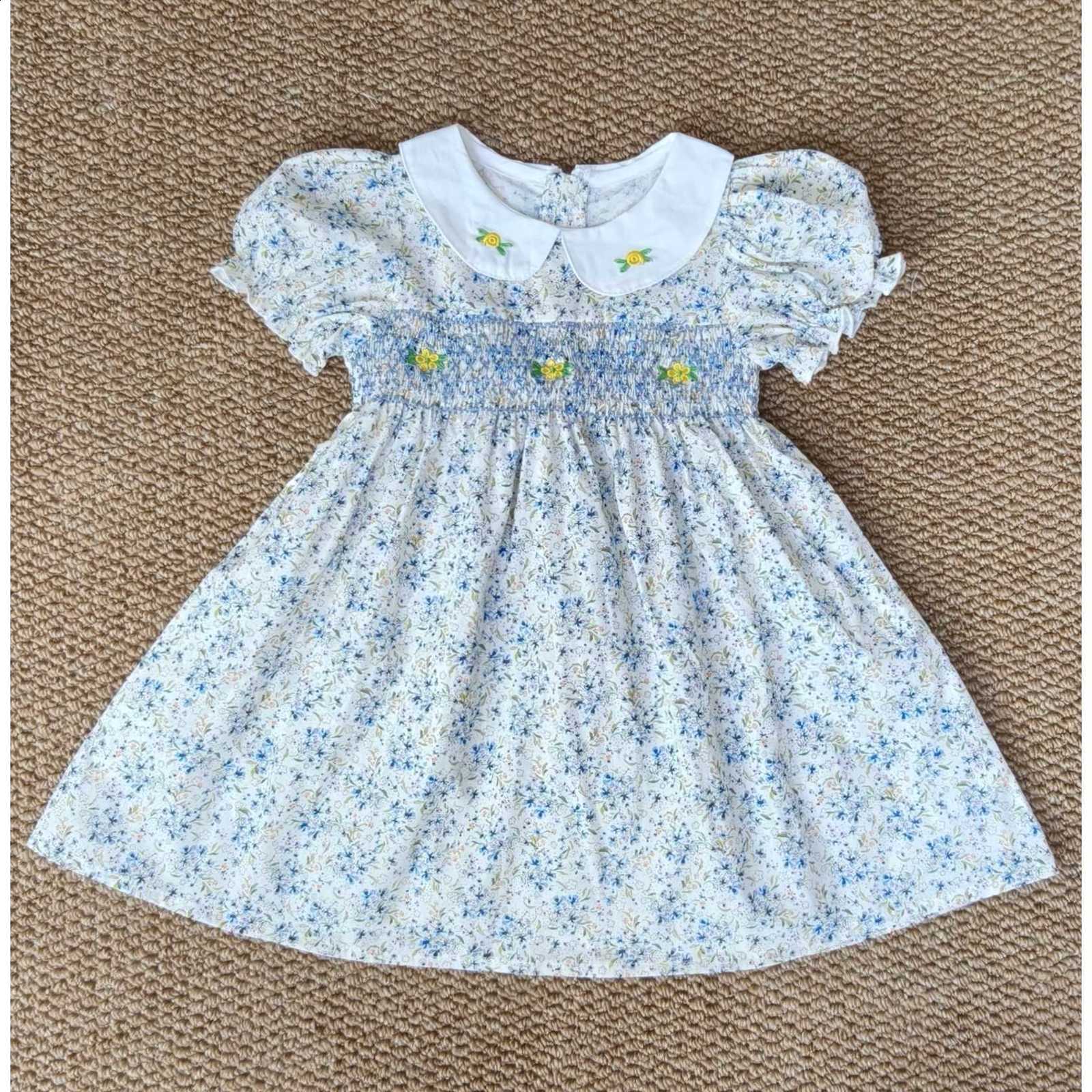 New Summer Girls Short-Sleeve Doll Collar Printed Dress Stylish Short-Sleeve Blue Floral Dress210317