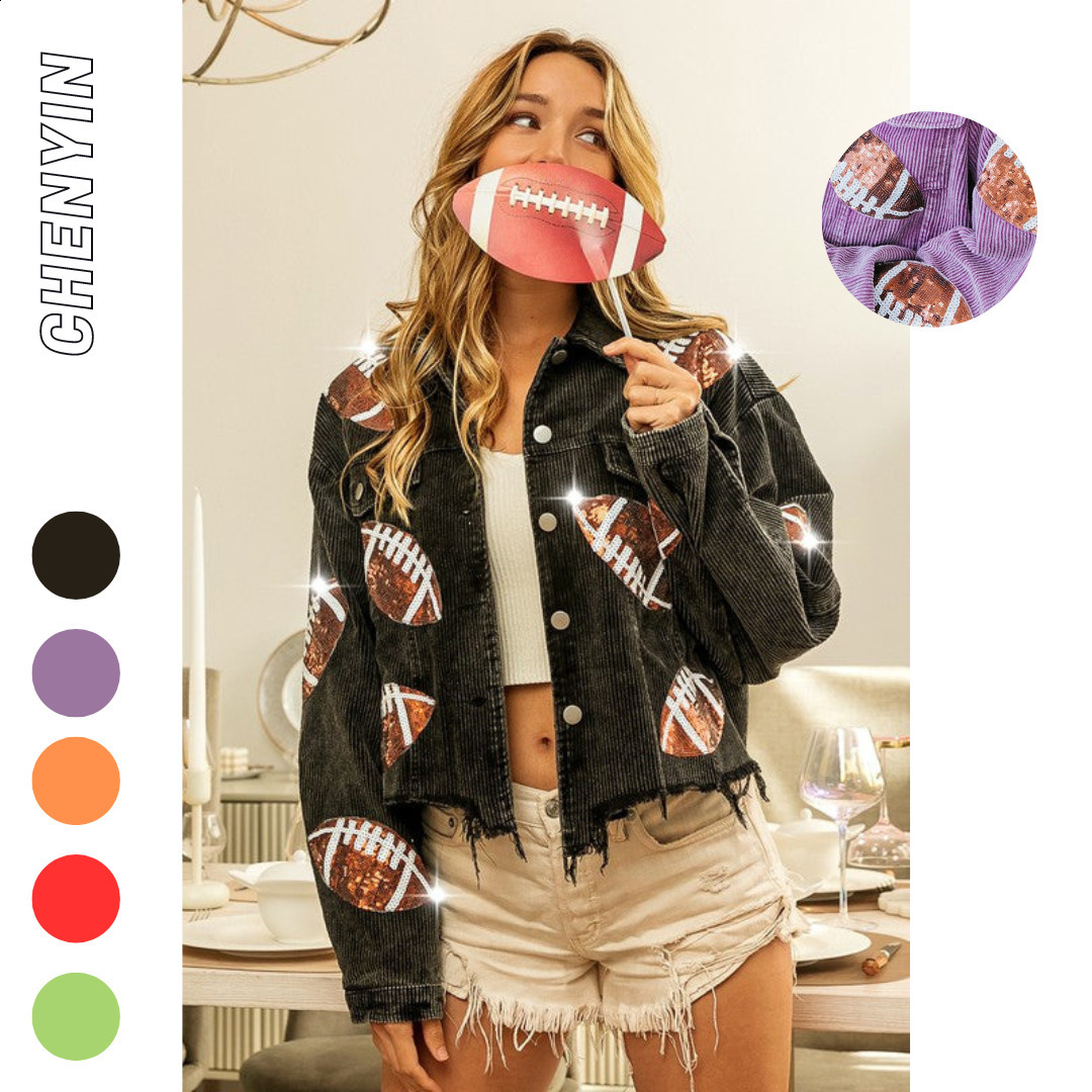 Distressed Corduroy Jacket Womens Baseball Sequin Lapel Long Sleeve Autumn And Winter Jacket Tops For Outerwear 240723