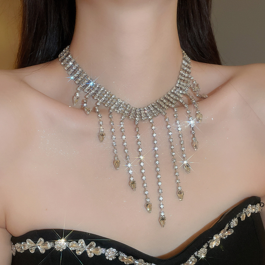 European American fashion shiny rhinestone tassel exaggerated and unique trendy necklace, stylish internet celebrity design accessory for women - view 8