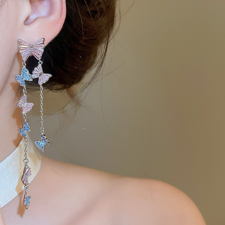 Silver needle zircon butterfly tassel pendant fresh and sweet earrings, unique design niche earrings for women - view 3