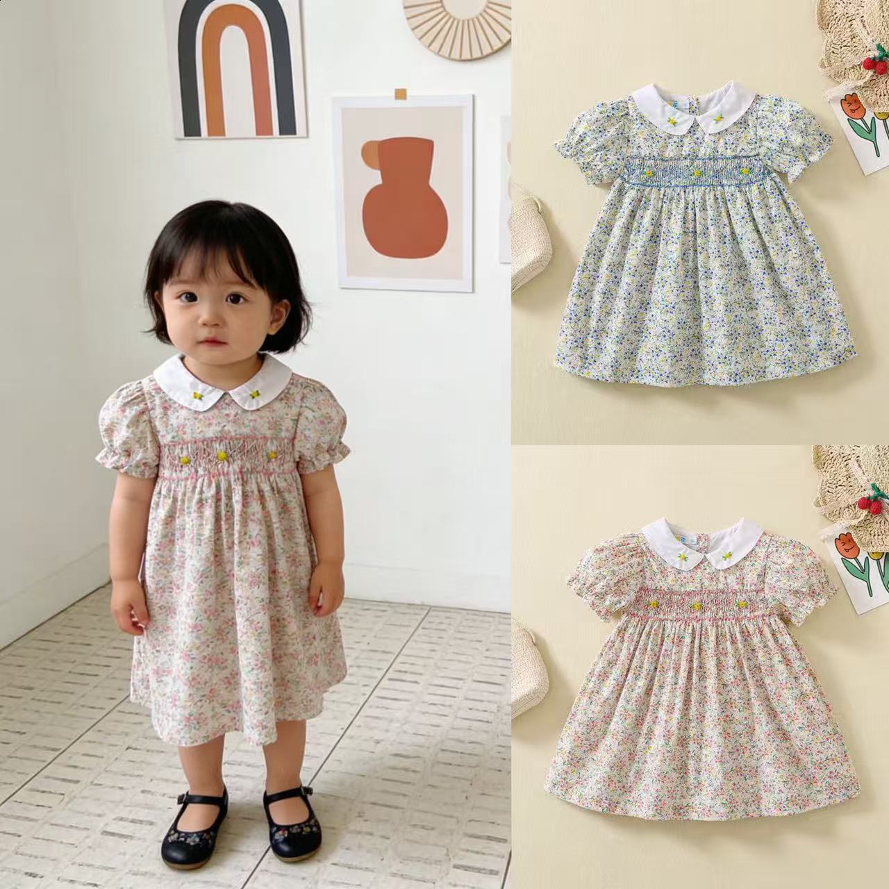 New Summer Girls Short-Sleeve Doll Collar Printed Dress Stylish Short-Sleeve Blue Floral Dress210317