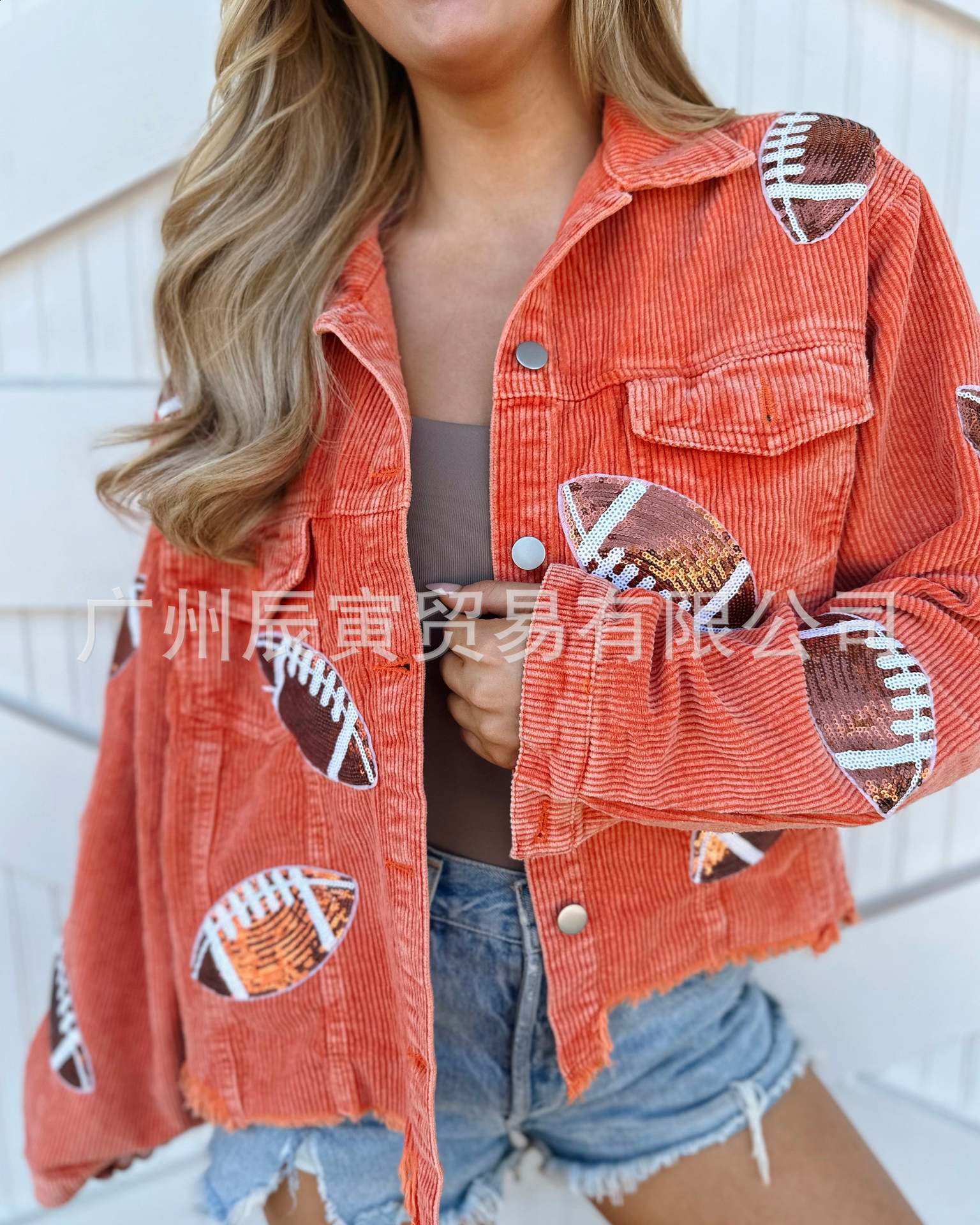 Distressed Corduroy Jacket Womens Baseball Sequin Lapel Long Sleeve Autumn And Winter Jacket Tops For Outerwear 240723