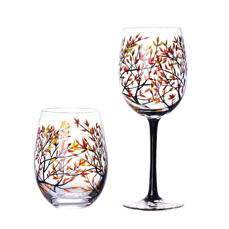 Update Four Seasons Trees Glasses Creative Printed High Legged For Wine Beer Cocktail Large Capacity Glass Cup Set 240729