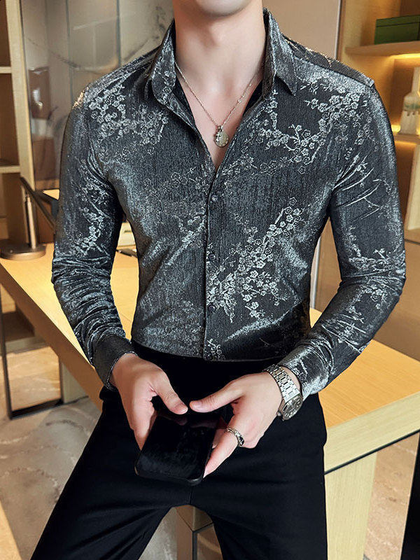 retro velvet mens autumn long sleeved slim casual shirt fashionable jacquard business social mens clothing 241028
