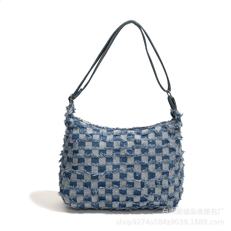 Checkered Womens Bag Jeans Eco Bag Korean Shopping Denim Shoulder Cross Bag Large Messenger Bag Y2K PU Belt Satchel 240820