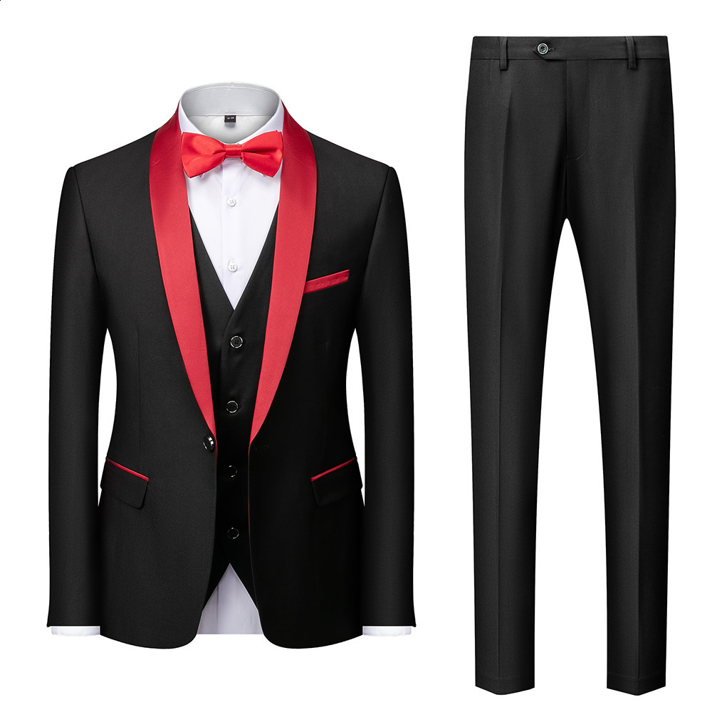 Mens Suit Set Three-Piece Green Fruit Collar Groom Wedding Suit Slim Fit Burgundy Best Man Suit Wedding Formal Wear 240514wtt