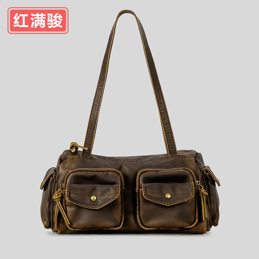 Americanstyle spicy girl multipocket underarm bag for women niche n singleshoulder biker soft leather handbag 240722
