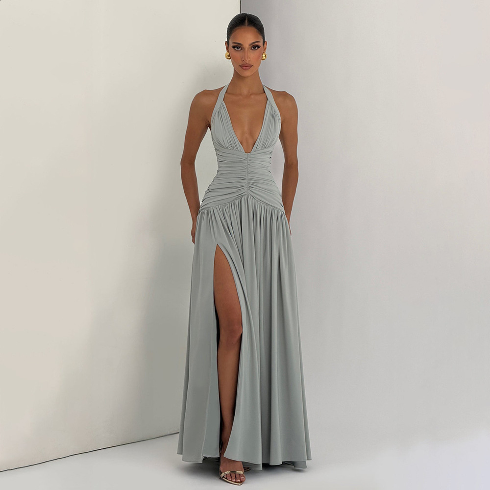 2026 Style Elegant Slit Gown Dress Elegant Halter Neck Slim Fit Sexy Backless Dress 250821