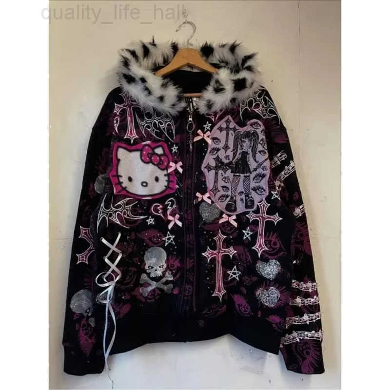 Hooded Hello Kittys Zipper Jacket American Y2K Women Graphic Hoodies with Fur Collar Fashion Girls High Street Tops Streetwear X260609 - view 4