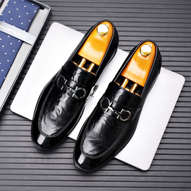 Men's Black Leather Loafers With Metal Horsebit Buckle Slip-on Formal Dress Shoes For Business big size - view 5