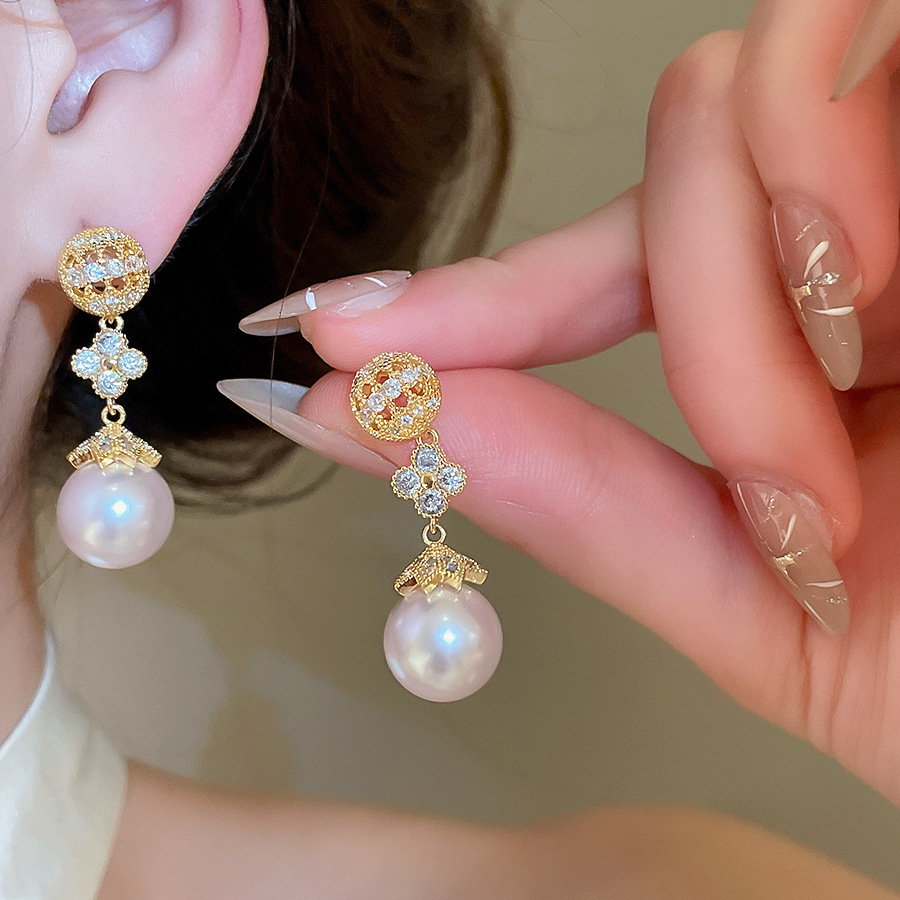 18k real gold plated silver needle lucky flower pearl pendant French vintage style earrings, simple and fashionable ear accessories - view 3
