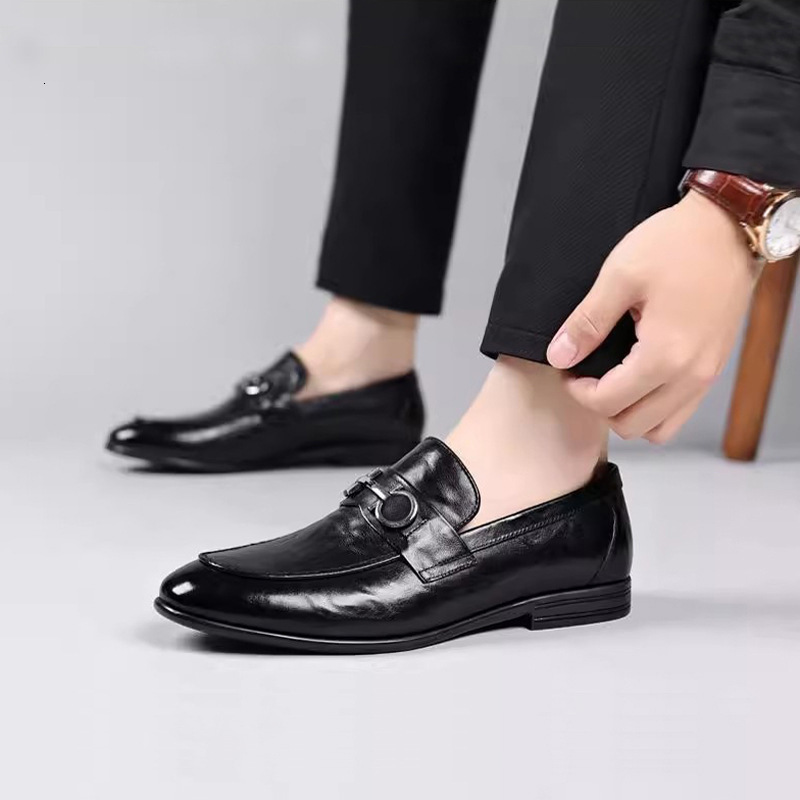 Men's Black Leather Loafers With Metal Horsebit Buckle Slip-on Formal Dress Shoes For Business big size - view 4