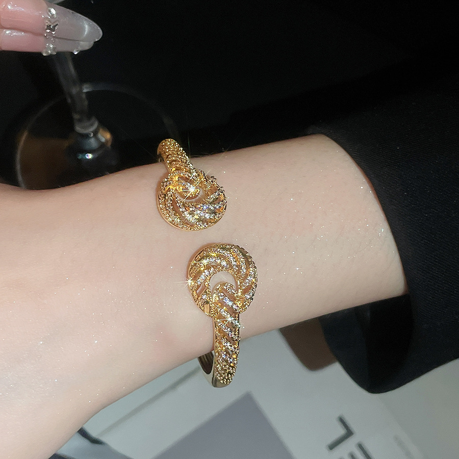 18K real gold plated zircon twisted texture open bracelet and ring set, elegant palace-style exquisite jewelry for women - view 3