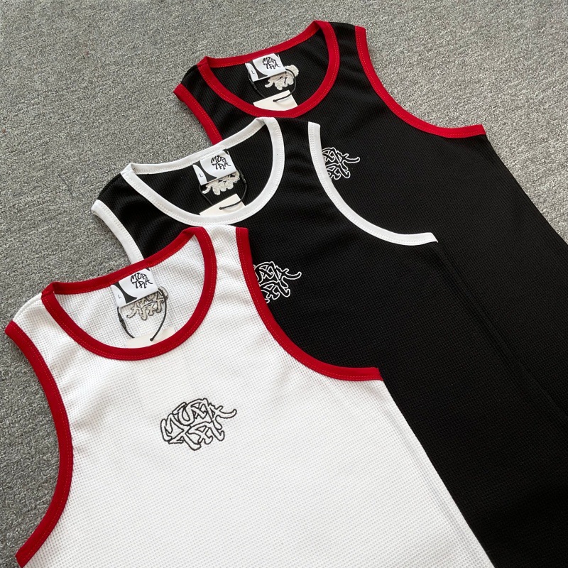 Y2K Street Embroidery Letter Color blocked Waffle Tank Top Summer Men's and Women's Sports Fitness Sleeveless T-shirt